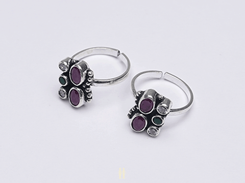 Pair Of TriColor Stone Oxidized Silver Toe Rings