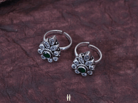 Pair Of White And Green Stone Oxidized Silver Toe Rings