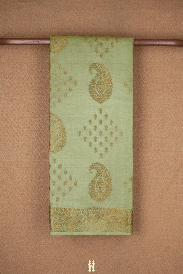 Paisley And Floral Design Light Sage Green Tussar Silk Saree