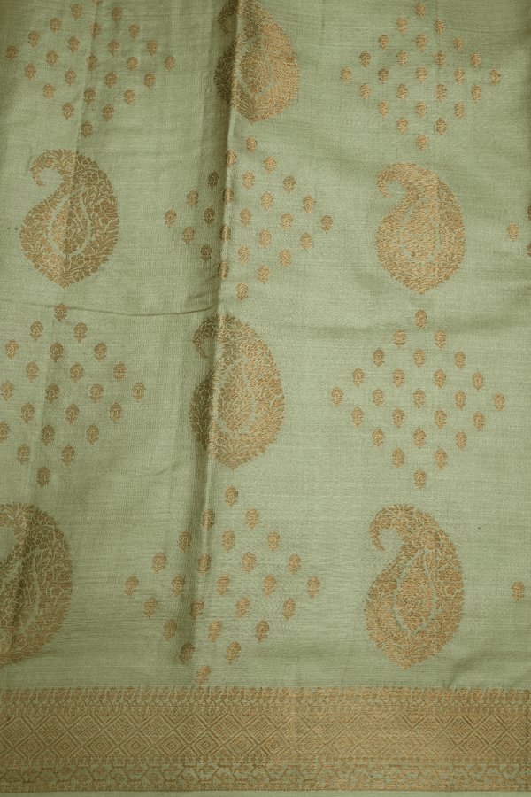 Paisley And Floral Design Light Sage Green Tussar Silk Saree