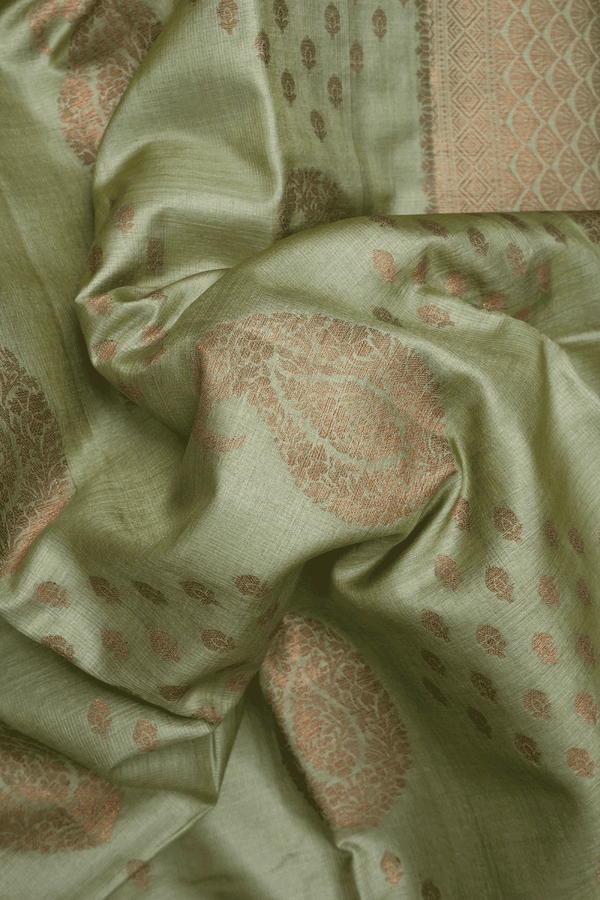 Paisley And Floral Design Light Sage Green Tussar Silk Saree