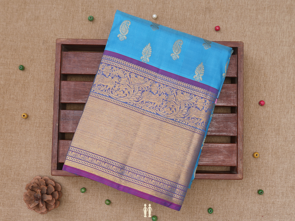 Paisley Buttas Blue Kanchipuram Silk Pavadai Sattai Material