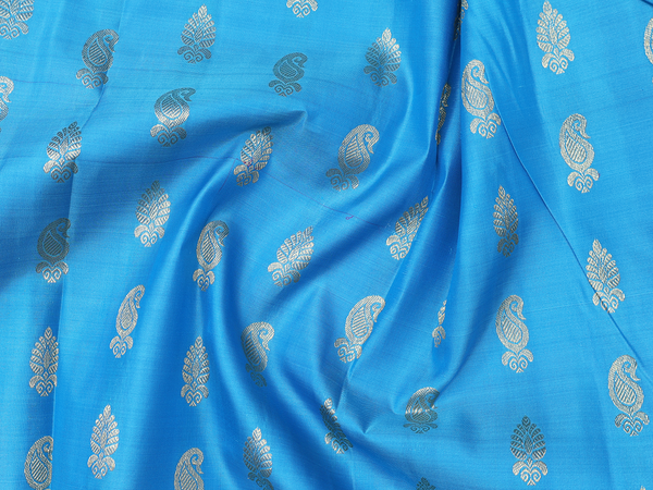 Paisley Buttas Blue Kanchipuram Silk Pavadai Sattai Material
