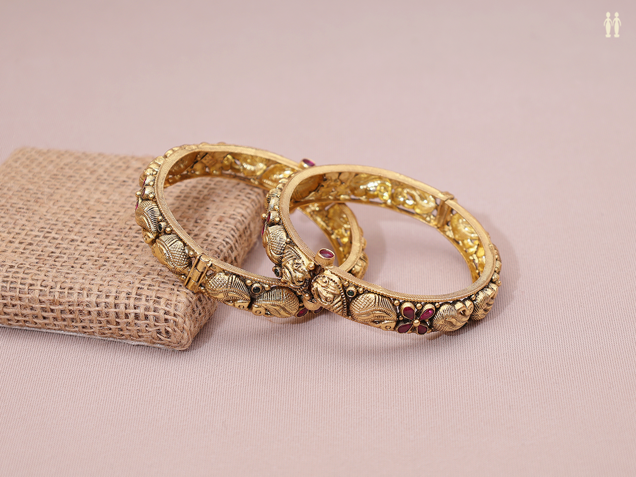 Paisley Design Gold Plated Pure Silver Screw Bangles