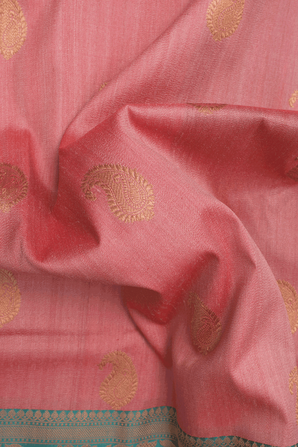 Paisley Motifs Salmon Pink Tussar Banarasi Silk Saree