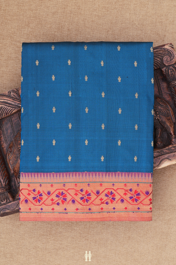 Paithani Silk Saree In Capri Blue With Zari Buttis
