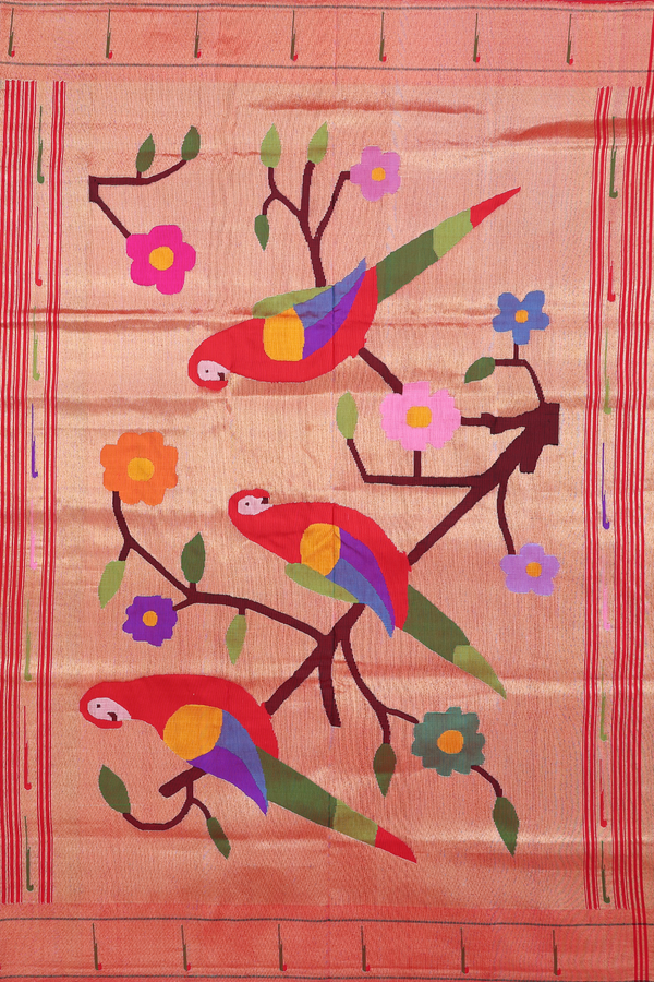 Paithani Silk Saree In Cherry Red With Checks Design