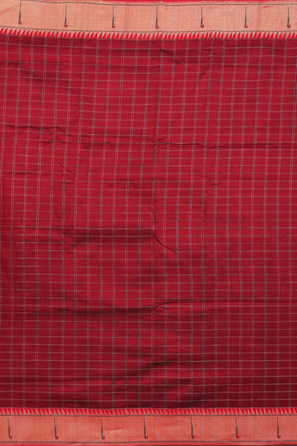 Paithani Silk Saree In Cherry Red With Checks Design