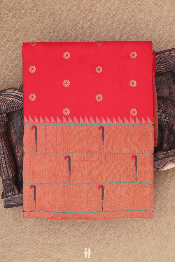 Paithani Silk Saree In Chilli Red With Floral Buttas