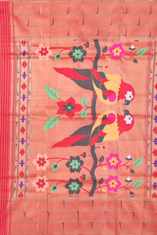Paithani Silk Saree In Chilli Red With Floral Buttas