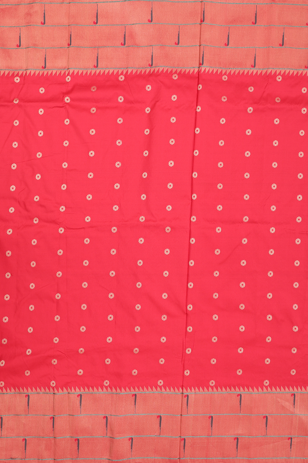 Paithani Silk Saree In Chilli Red With Floral Buttas