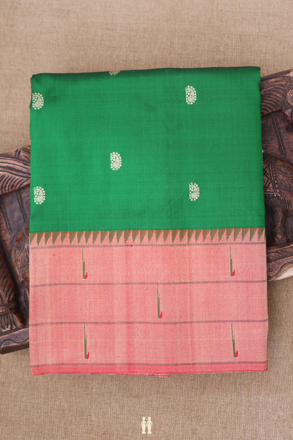 Paithani Silk Saree In Emerald Green With Paisley Buttas