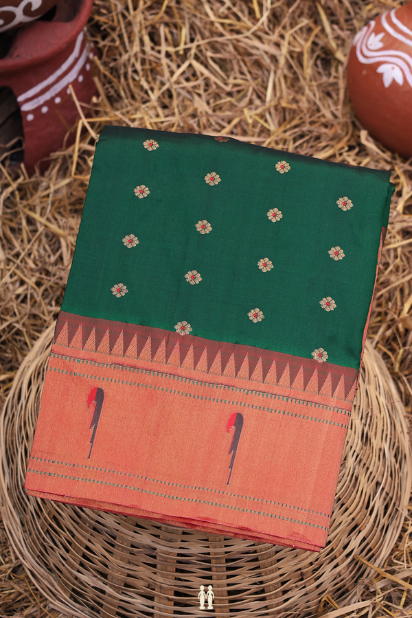 Paithani Silk Saree In Forest Green With Floral Buttas
