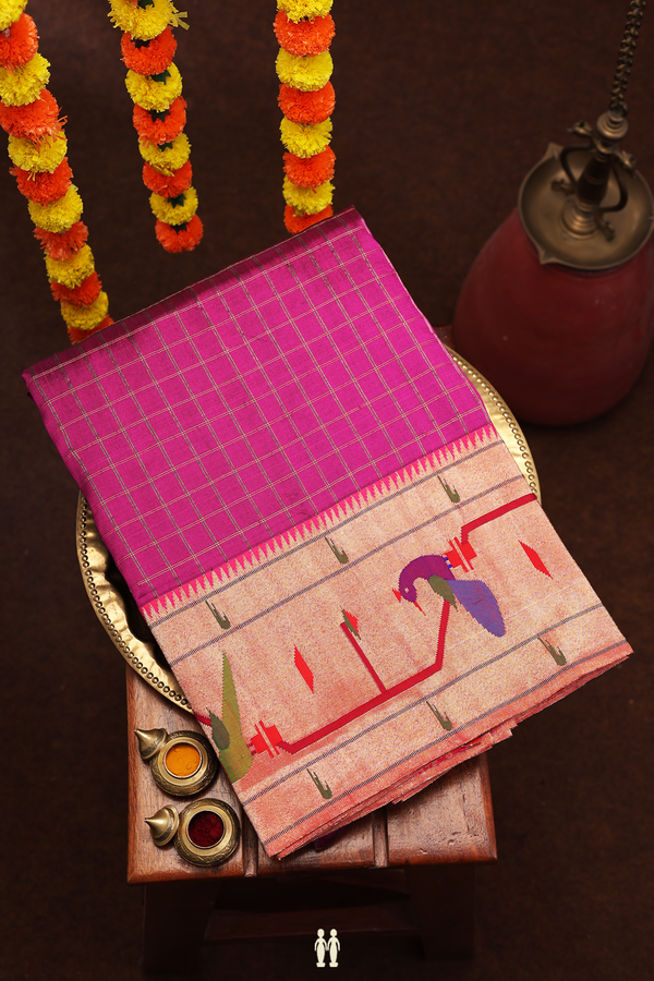 Paithani Silk Saree In Plum Purple With Checks Design