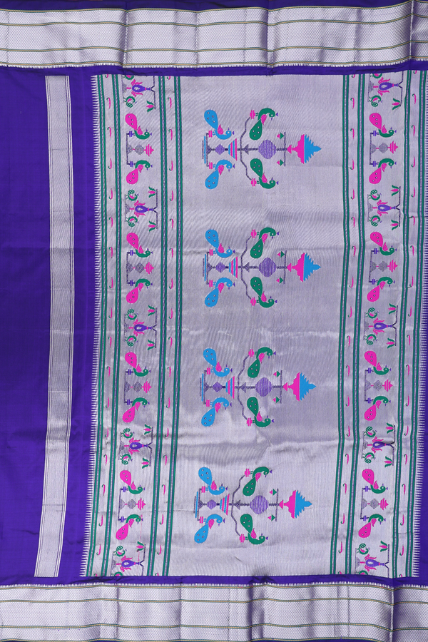 Paithani Silk Saree In Royal Blue With Floral Buttis