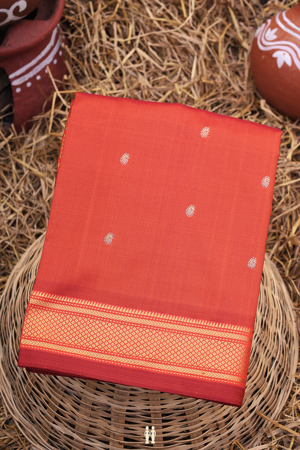 Paithani Silk Saree In Rust Orange With Paisley Buttis