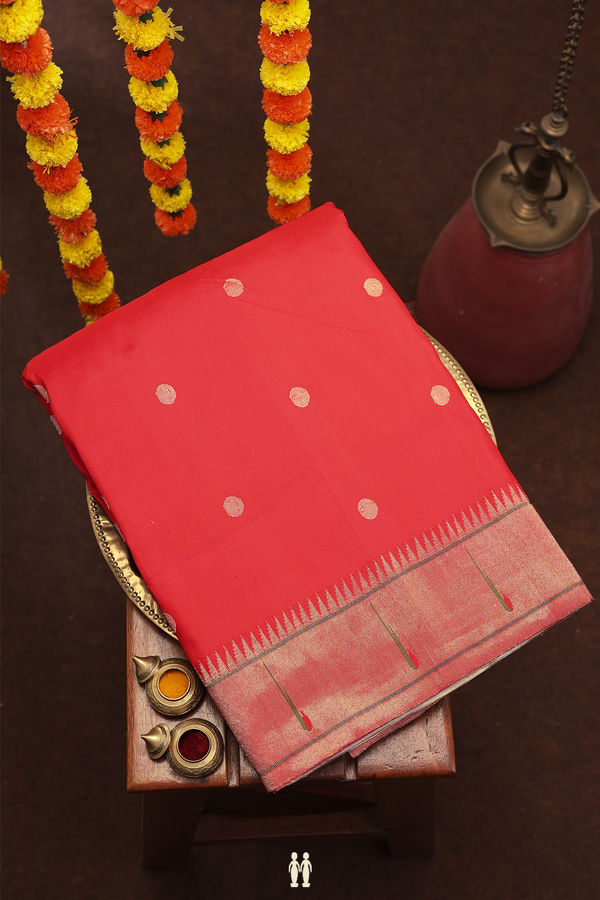 Paithani Silk Saree In Scarlet Red With Polka Buttas