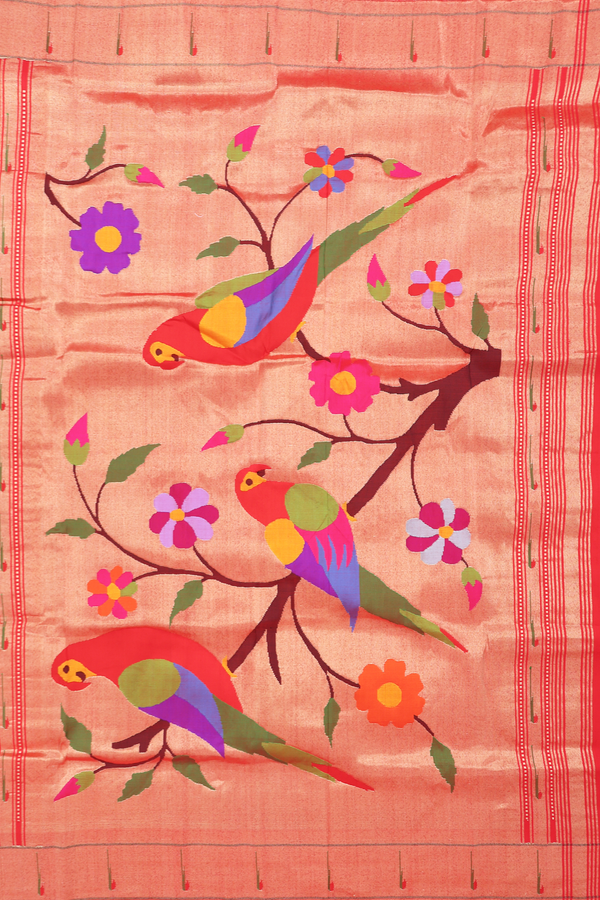 Paithani Silk Saree In Scarlet Red With Polka Buttas