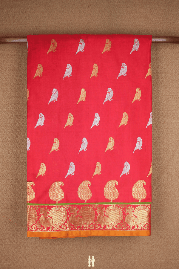 Parrot Buttas Chilli Red Kanchipuram Silk Saree