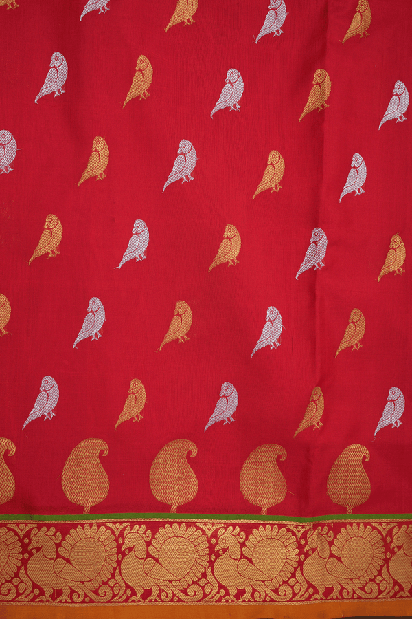 Parrot Buttas Chilli Red Kanchipuram Silk Saree
