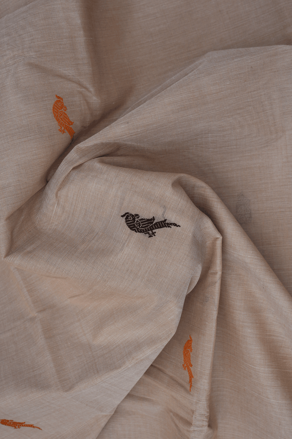 Parrot Buttas Pastel Khaki Coimbatore Cotton Saree
