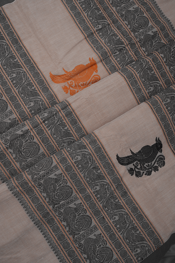 Parrot Buttas Pastel Khaki Coimbatore Cotton Saree
