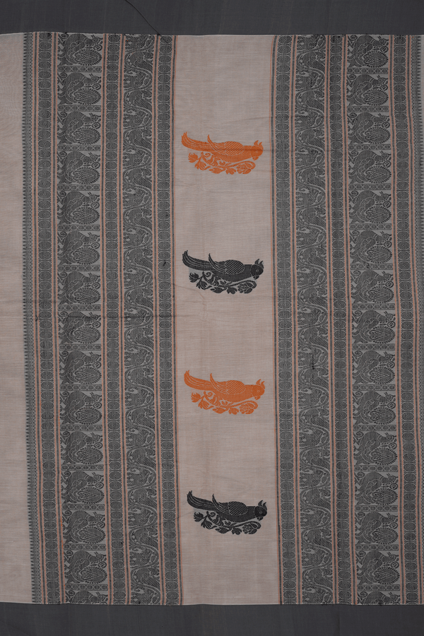 Parrot Buttas Pastel Khaki Coimbatore Cotton Saree