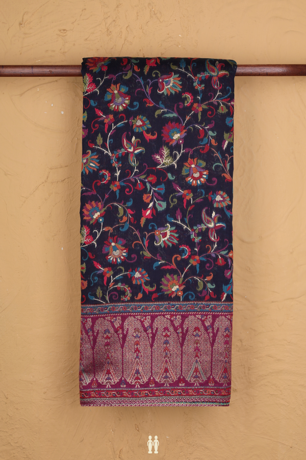 Pashmina Silk Saree In Navy Blue With Floral Design