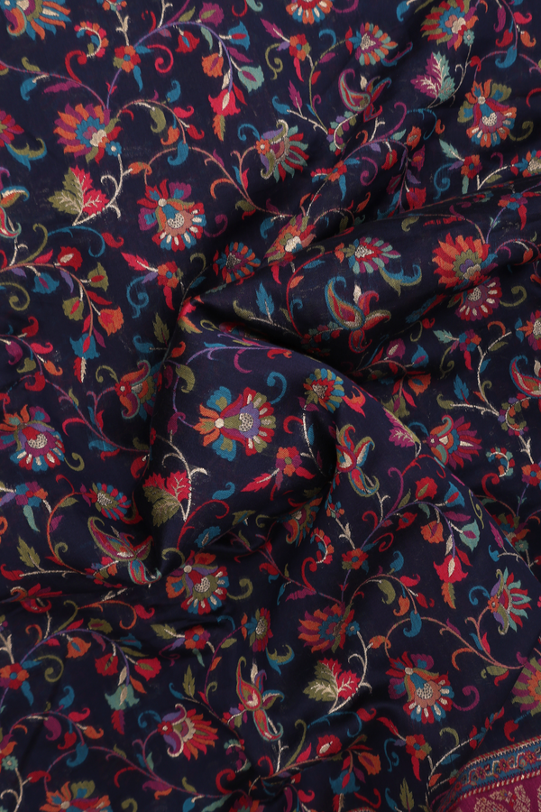 Pashmina Silk Saree In Navy Blue With Floral Design