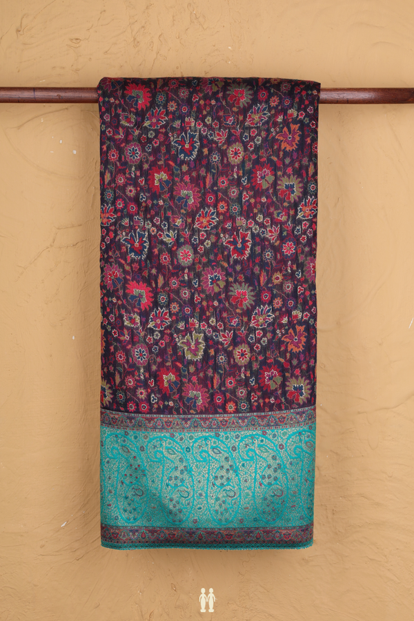 Pashmina Silk Saree In Navy Blue With Floral Design