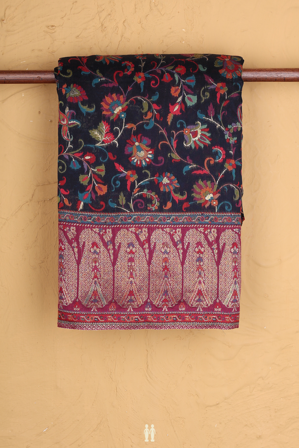 Pashmina Silk Saree In Navy Blue With Floral Design