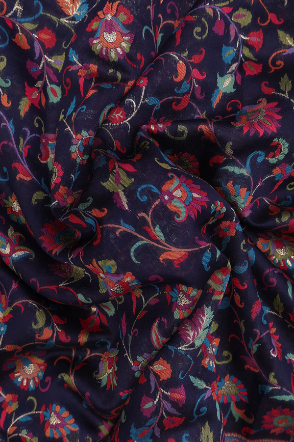 Pashmina Silk Saree In Navy Blue With Floral Design