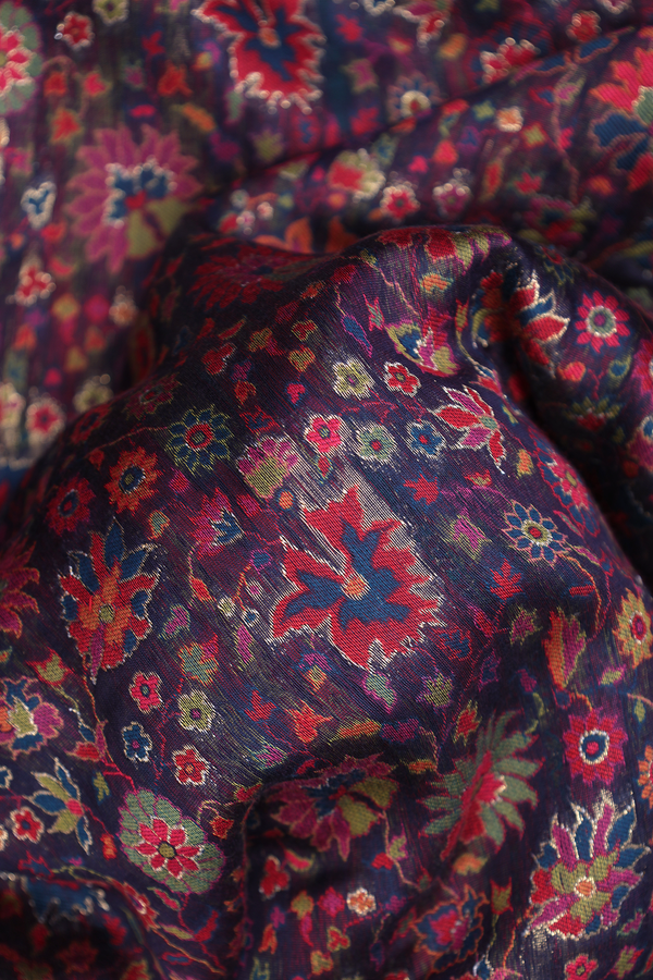 Pashmina Silk Saree In Navy Blue With Floral Design