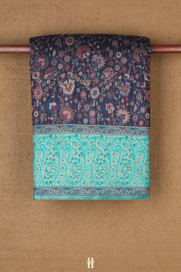 Pashmina Silk Saree In Charcoal Grey With Floral Design