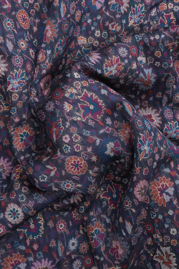 Pashmina Silk Saree In Charcoal Grey With Floral Design