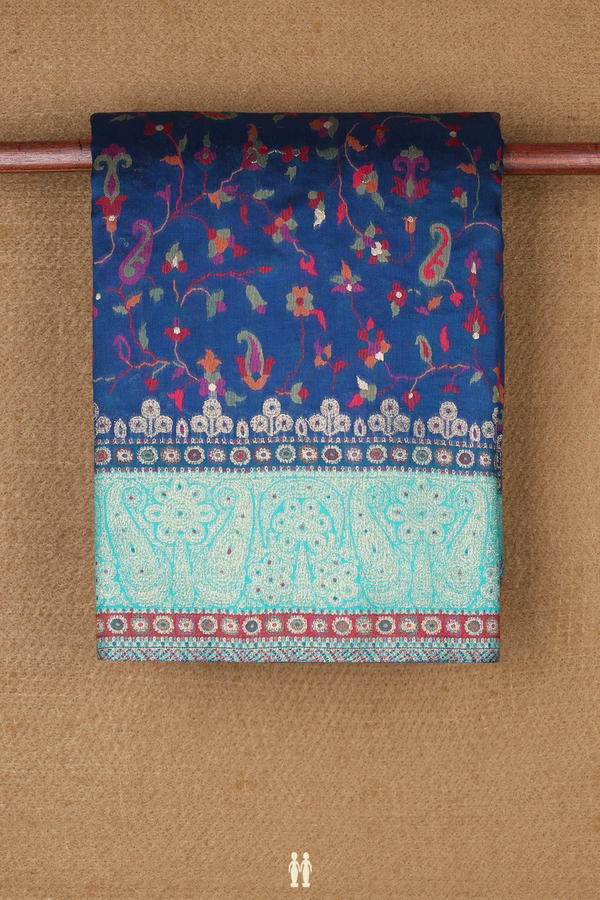 Pashmina Wool Silk Saree In Berry Blue With Floral Design