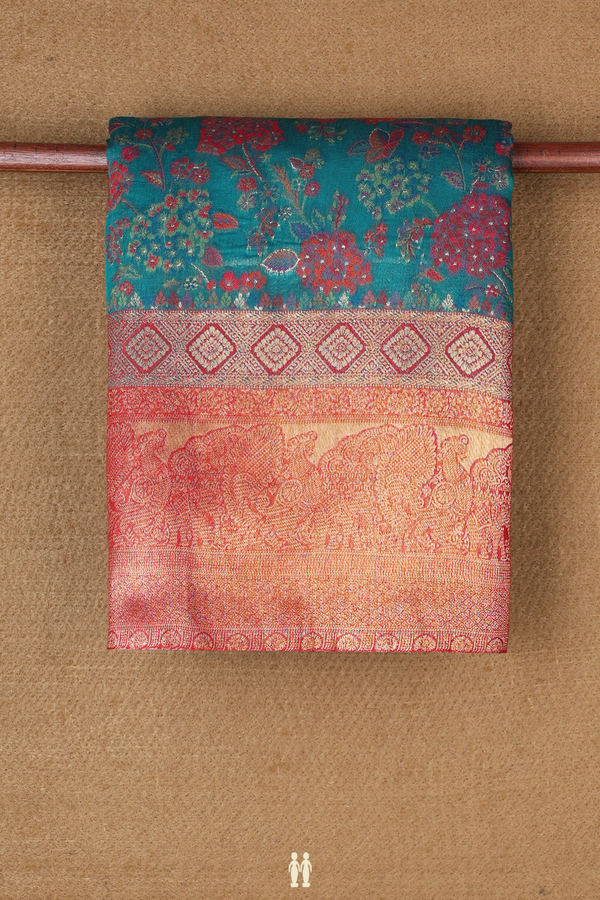Pashmina Silk Saree In Peacock Green With Floral Design