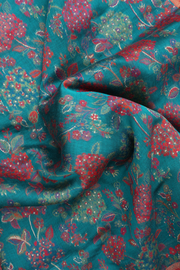 Pashmina Silk Saree In Peacock Green With Floral Design