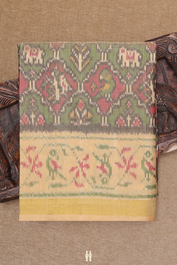 Patola Silk Saree In Green Red With Elephant And Parrot Design