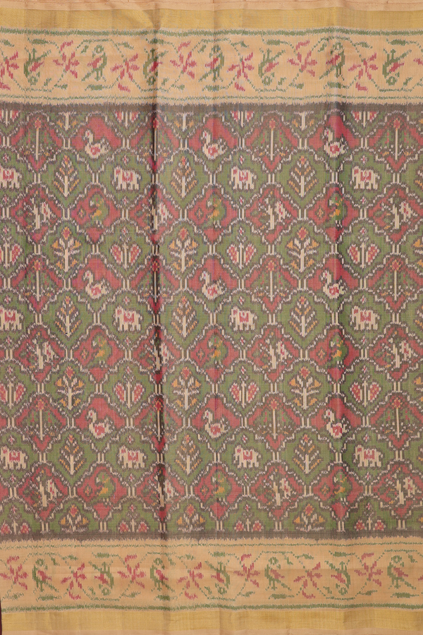 Patola Silk Saree In Green Red With Elephant And Parrot Design