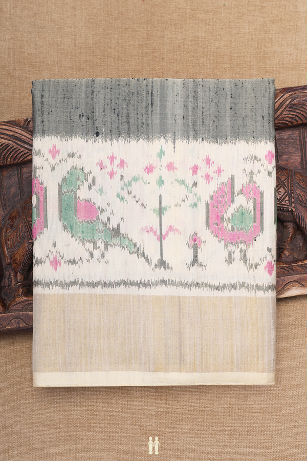 Patola Silk Saree In Greyish Green With Contrast Border