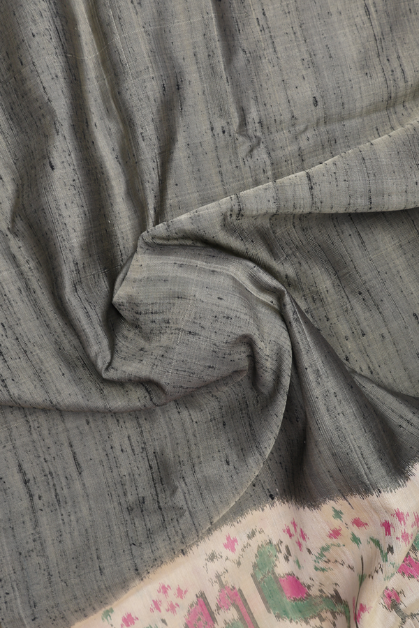 Patola Silk Saree In Greyish Green With Contrast Border