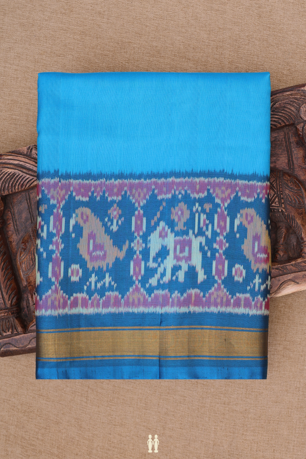 Patola Silk Saree In Plain Deep Sky Blue With Printed Border