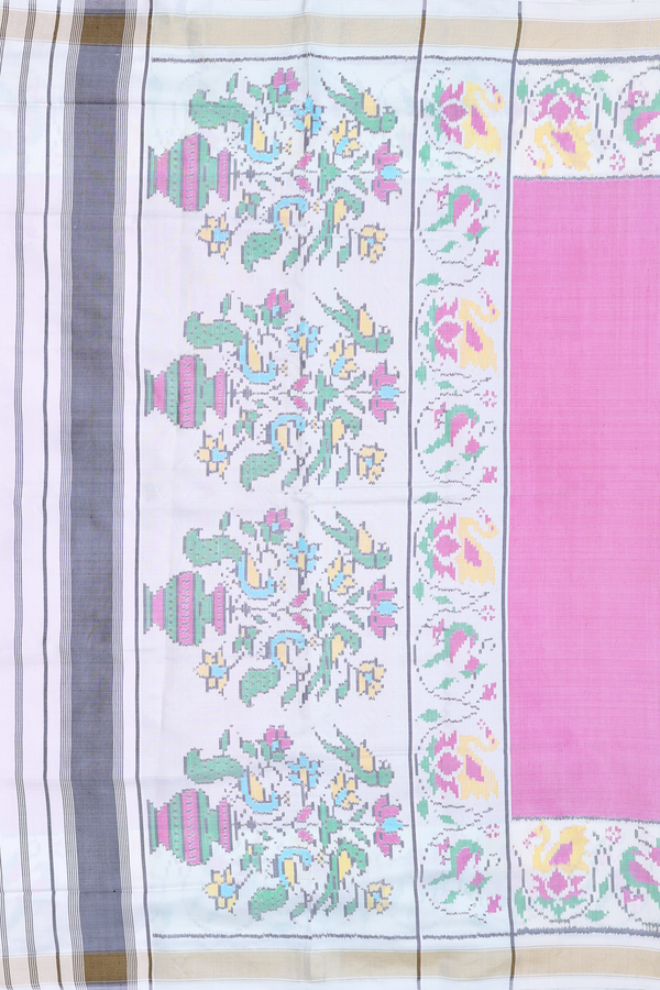 Patola Silk Saree In Plain Pink With Contrast Border