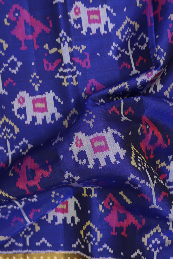 Patola Silk Saree In Royal Blue With Elephant Design