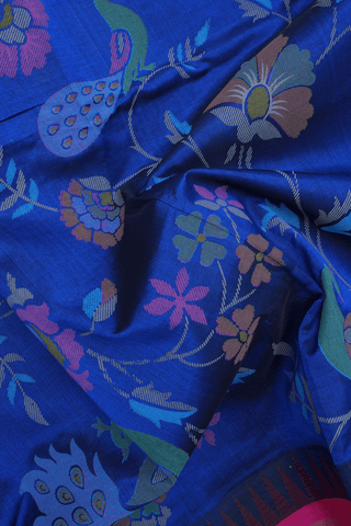 Peacock And Floral Design Indigo Blue Silk Cotton Saree
