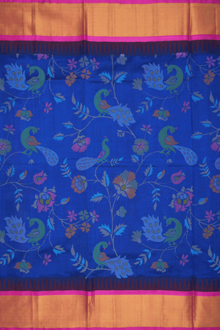 Peacock And Floral Design Indigo Blue Silk Cotton Saree