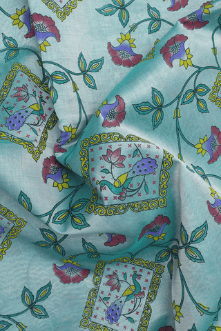 Peacock And Floral Design Mint Green Silk Cotton Saree