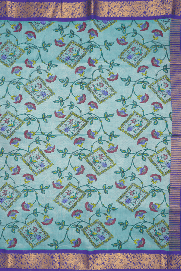 Peacock And Floral Design Mint Green Silk Cotton Saree