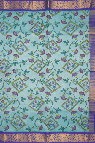 Peacock And Floral Design Mint Green Silk Cotton Saree